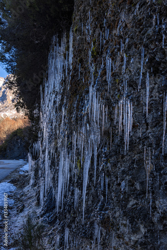 Cold natural sculptures. The same limestone formations we find in caves can be found in the form of ice in runoff from mountain slopes in winter.
