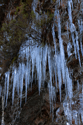 Cold natural sculptures. The same limestone formations we find in caves can be found in the form of ice in runoff from mountain slopes in winter.