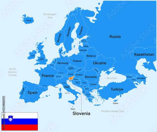 Slovenia vector map, Europe. Editable Vector map silhouette illustration isolated on Europe, highlighted at Slovenia, with flag, country name, border, and capital city.
