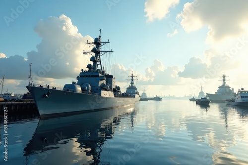 Warships and boats at moorings in a quiet harbor, navy, ships, warship
