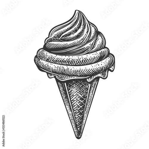 Detailed Vintage Sketch of an Ice Cream Cone with Swirled Topping