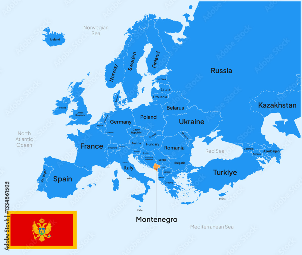 Fototapeta premium Montenegro vector map, Europe. Editable Vector map silhouette illustration isolated on Europe, highlighted at Germany, with flag, country name, border, and capital city.