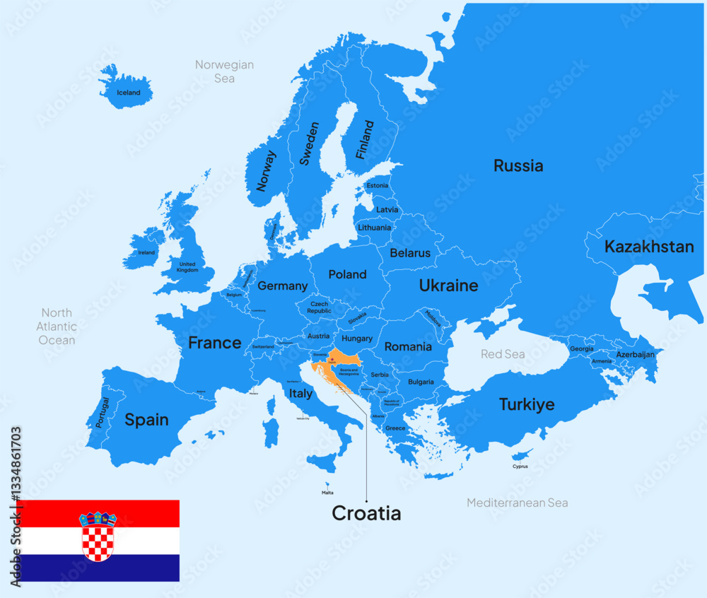 Obraz premium Croatia vector map, Europe. Editable Vector map silhouette illustration isolated on Europe, highlighted at Croatia, with flag, country name, border, and capital city.