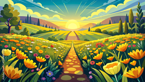 sunlight, A detailed description of the stock photo A symmetrical summer landscape showcasing a picturesque field of yellow wildflowers creating a vibrant and stunning floral