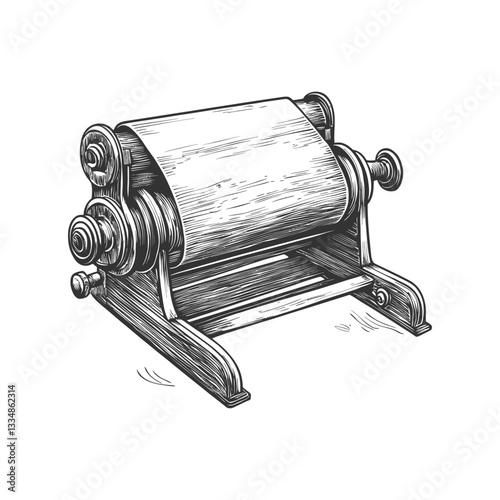 Vintage Hand Crank Printing Press with Roll of Paper on Stand