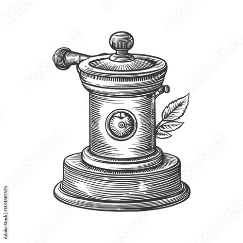 Vintage Coffee Grinder with Decorative Leaf Element in Engraved Style