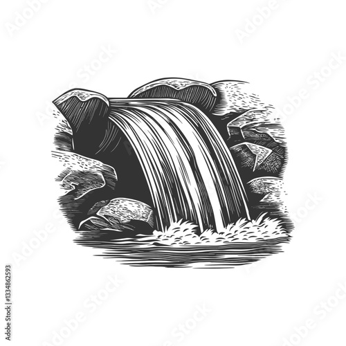Serene Waterfall Cascading Over Rocks in Vintage Style Illustration