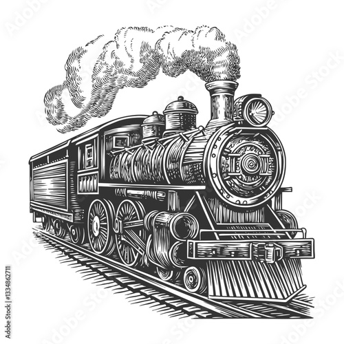 Vintage Steam Locomotive Illustration with Billowing Smoke Clouds