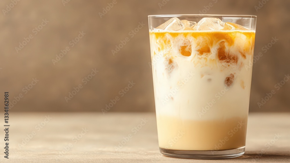 Creamy Iced Coffee Drink with Ice Cubes in Glass on Neutral Background Creamy Iced Coffee Drink with Ice Cubes in Glass on Neutral Background