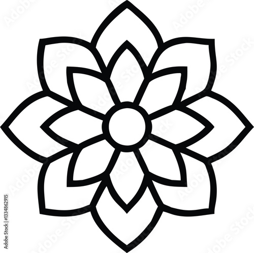 
A minimalist mandala with a central circular motif,
 surrounded by concentric layers of simplistic shapes like squares, triangles,
 and petals. The black line art is clean and bold,
 standing against