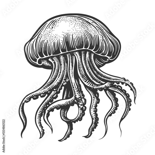 Vintage Illustrative Jellyfish in Black and White with Detailed Tentacles