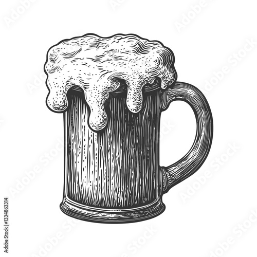 Vintage Wood Beer Mug with Foam and Detailed Engraving Design