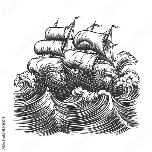 Vintage Sailing Ship Battling Stormy Waves in Black and White