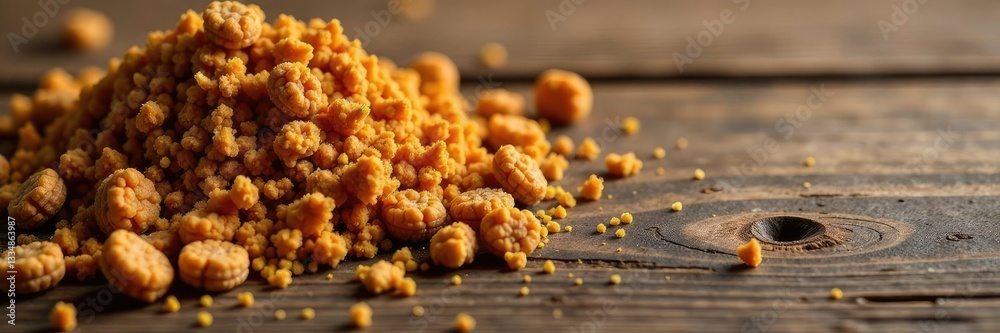 Crunchy earthy grain fragments scattered on a wooden surface, rustic, crunchy Crunchy earthy grain fragments scattered on a wooden surface, rustic, crunchy