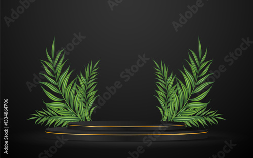 Black podium with elegant gold lines and green leaves on the back for product presentation. Cosmetic product display. vector illustration	