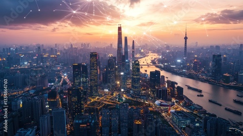 Wallpaper Mural Shanghai's urban skyline illuminated at dusk, depicting advanced network connections Torontodigital.ca