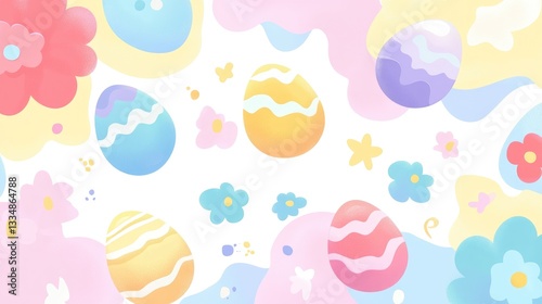 Fototapeta Easter-Themed Background with Colorful Eggs and Flowers: Cute Cartoon Designs in Flat Vector Style on a White Background.