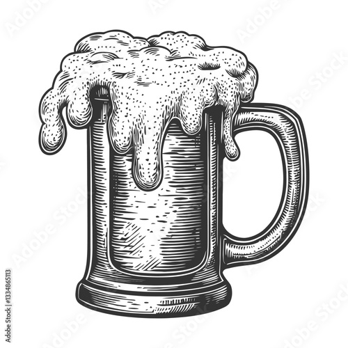 Vintage sketch of frothy beer mug with overflowing foam on top