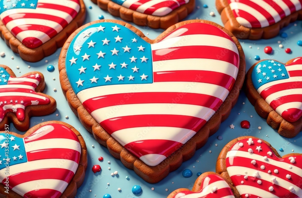 Obraz premium Patriotic Sweet Gingerbread Heart Shaped 4th of July with American Flag. Dessert Food for American Independence Day Celebration