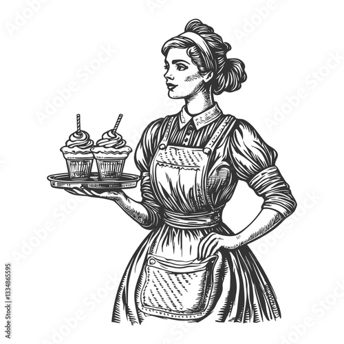 Vintage Woman in Apron Holding Cupcakes on a Wooden Tray