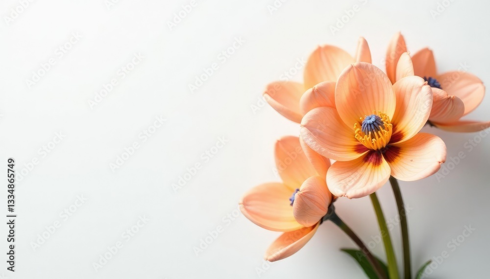 Obraz premium Delicate pale orange flowers with blue accents on a crisp white background, spring, orange, flowers