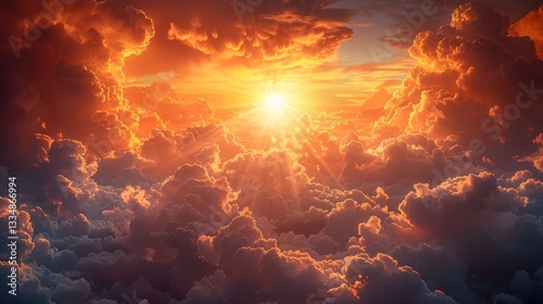 Wallpaper Mural Majestic sky panorama at golden hour with vibrant orange and dark clouds illuminated by a bright sun bursting through the cloudscape, creating a heavenly and powerful atmosphere Torontodigital.ca