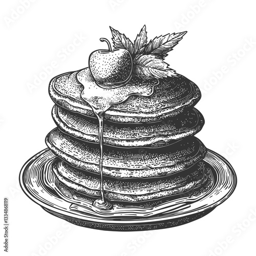 Stack of Delicious Pancakes with Maple Syrup and Fresh Apple
