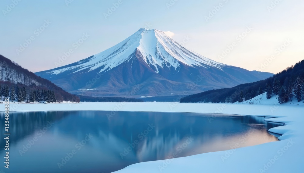 Snow-capped Fuji with frozen lake in background, winter mountain peak lake frozen water winter landscape serene peaceful, snowy peaks, peaceful mountains Snow-capped Fuji with frozen lake in background, winter mountain peak lake frozen water winter landscape serene peaceful, snowy peaks, peaceful mountains