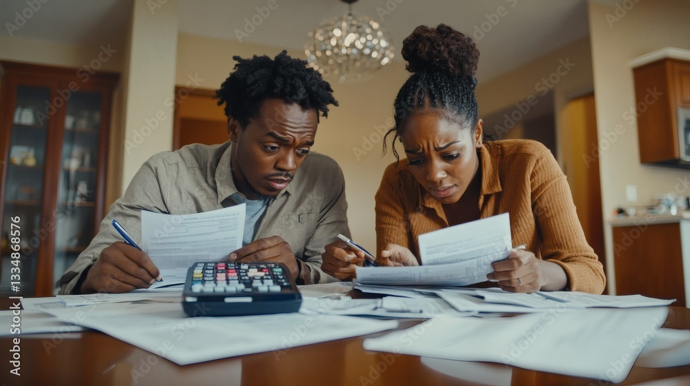 A concerned couple reviews finances at a kitchen table together