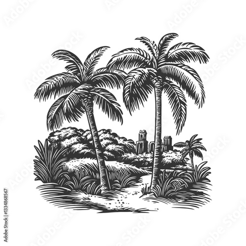 Lush Tropical Landscape with Palm Trees and Ancient Ruins Scene