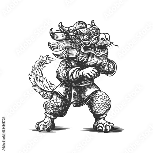 Traditional Chinese Lion Dance Illustration with Intricate Details