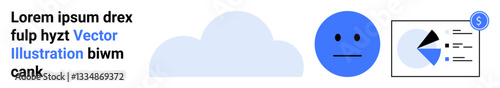 Cloud with blue face representing emotions and pie chart showing financial analytics on screen. Ideal for technology, data analysis, cloud storage, emotion tracking, finance, mood studies, simple