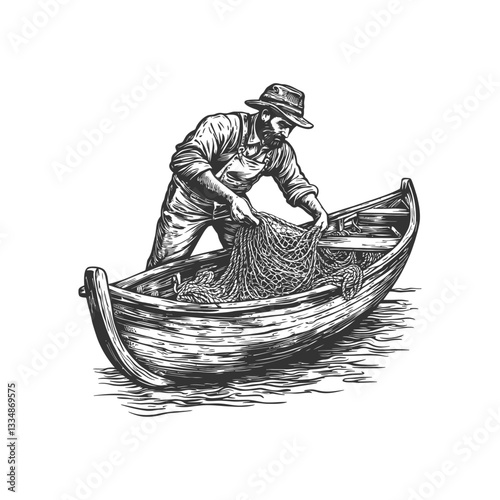 Fisherman in a Boat Casting a Net for Fresh Catch at Sea