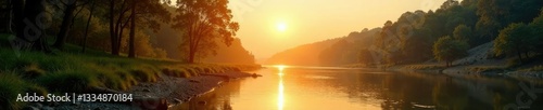 Warm sunlight filters through trees on riverbank, landscape, water, hill