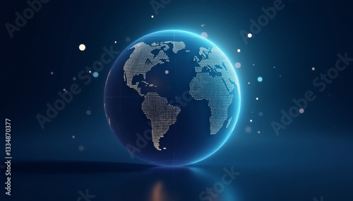 A 3D render of a stylized Earth with a dotted map texture, showcasing a modern metropolis silhouette against a deep blue gradient background, illuminated by scattered orbs of light