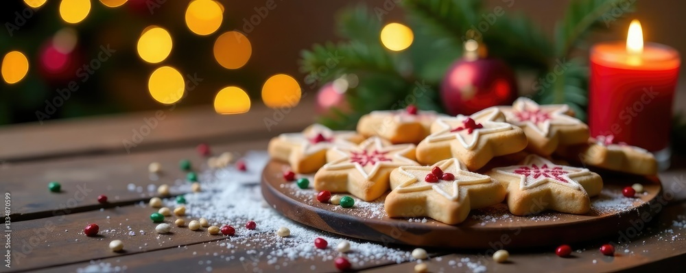 Warmly lit table with Christmas cookies on a wooden surface, festive, tabletop Warmly lit table with Christmas cookies on a wooden surface, festive, tabletop