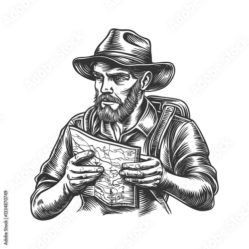 Adventurous Explorer Studying Map in Wilderness Setting