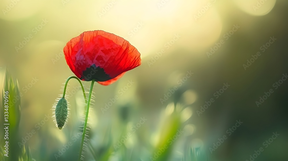 Obraz premium Stunning Red Poppy Flower in Soft Sunlight Meadow