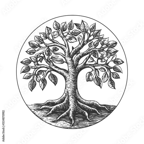 Detailed Vintage Tree Illustration with Leaves and Roots Design