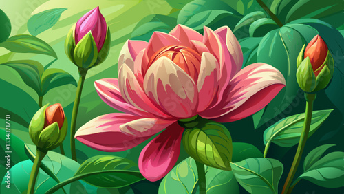 A close up view of a beautiful pink flower and its buds in a green natural background with a shallow depth of field, colorful, macro, vibrant, serenity, nature, close-up, plants