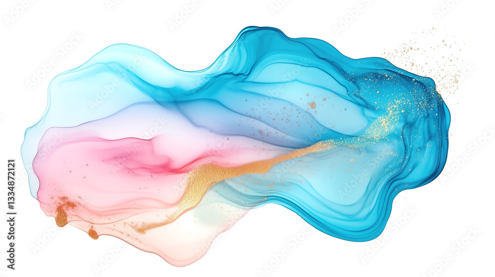 one single light blue, pink and golden alcohol ink abstract splash stain isolated on white or transparent background one single light blue, pink and golden alcohol ink abstract splash stain isolated on white or transparent background