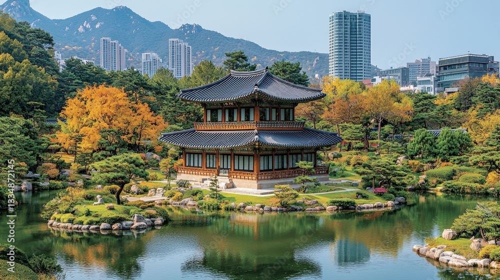 Fototapeta premium Serene Traditional Pavilion Surrounded by Lush Gardens and Modern Cityscape in Autumn