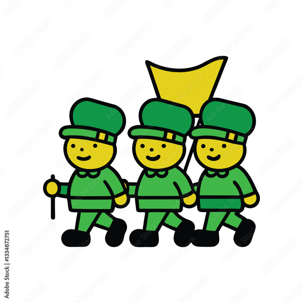 Outline of kids dressed in green and participating in a St. Patrick?s Day parade vector art illustration.eps