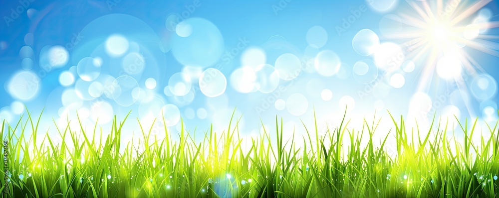 Obraz premium A picturesque spring garden featuring fresh green grass under a bright blue sky with sunlight shining