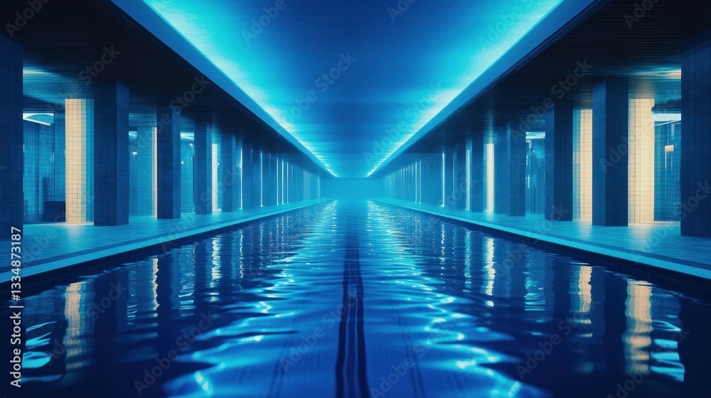 Obraz premium Futuristic indoor pool tunnel, vibrant blue neon lighting.