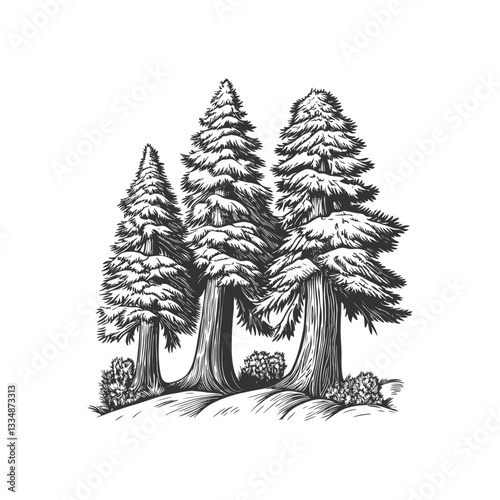 Stylized Black and White Illustration of Tall Evergreen Trees