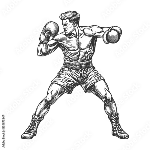 Vintage Boxer Ready for Fight in Classic Sketch Style Illustration