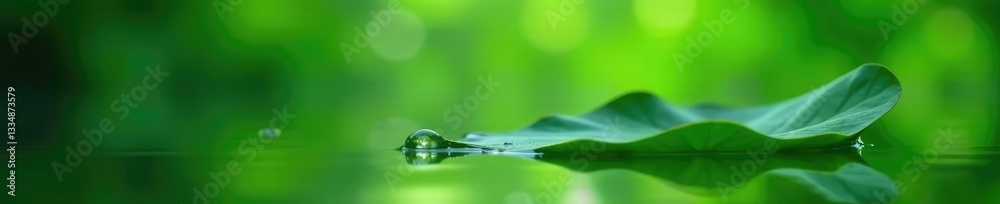 Obraz premium Water droplet suspended on the surface of a green leaf amidst calm water, water, green, reflection