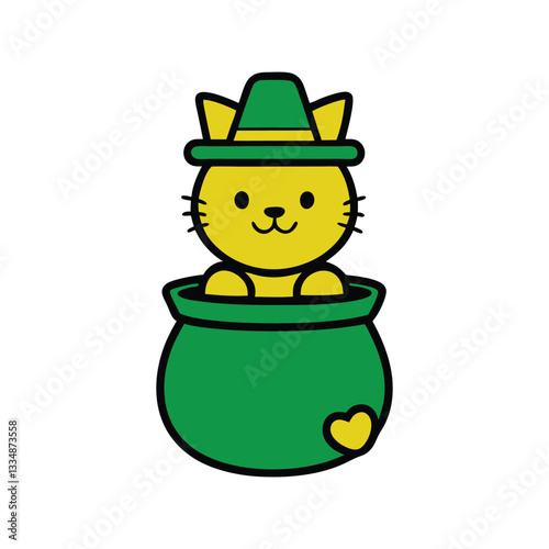 A cute cat wearing a leprechaun hat and sitting inside a pot of gold with a happy expression vector art illustration.eps