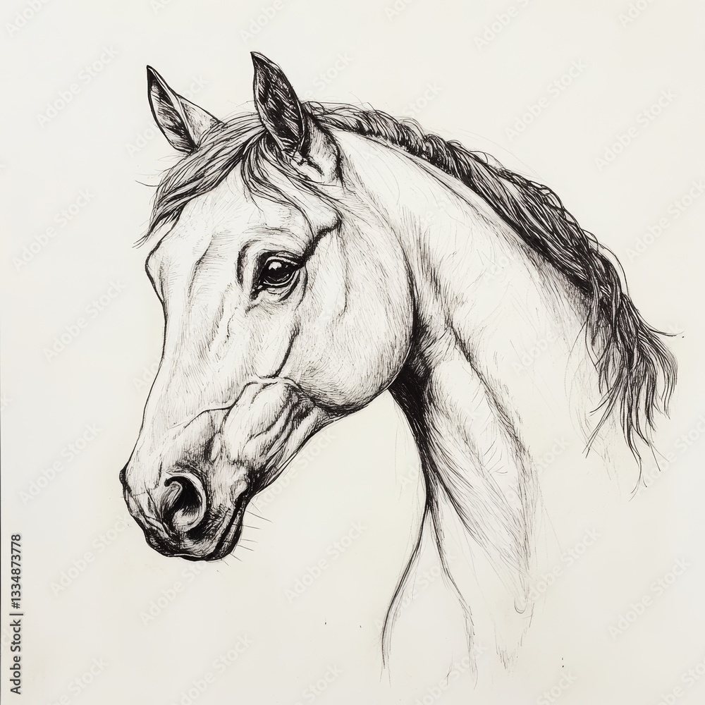 Obraz premium Monochrome ink drawing showcases the detailed head of a noble horse in profile, rendered with fine lines and delicate shading against a clean white backdrop, emphasizing the animal's grace and beauty